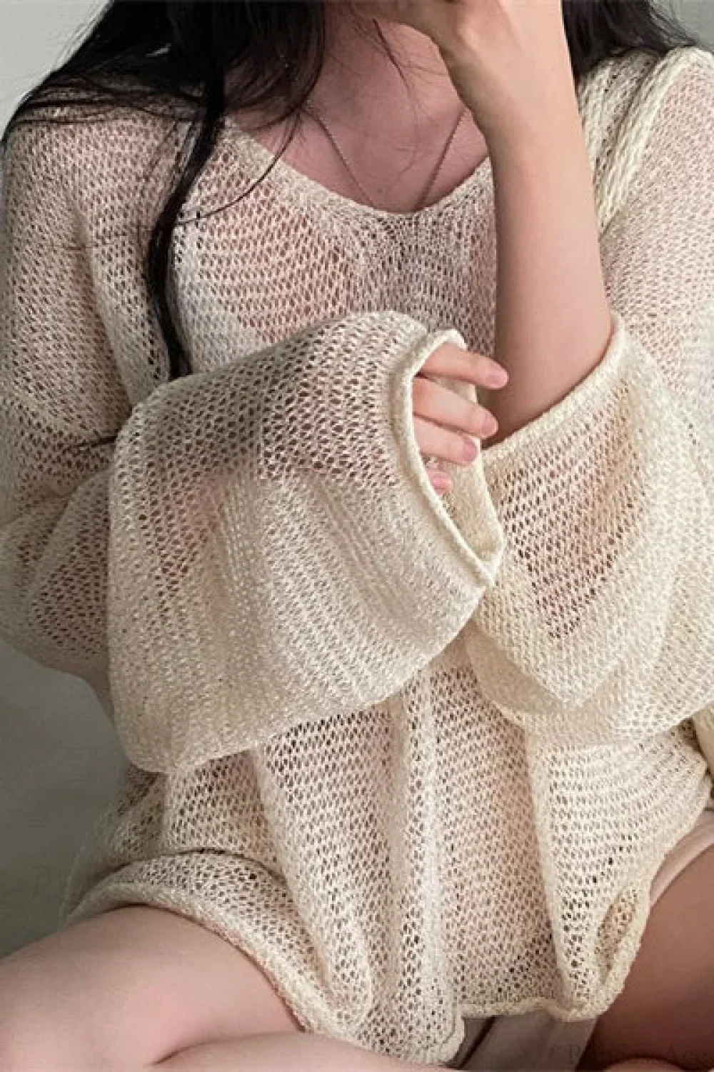 Knitted Openwork Loose Long Sleeve Chic Blouse - Image 3