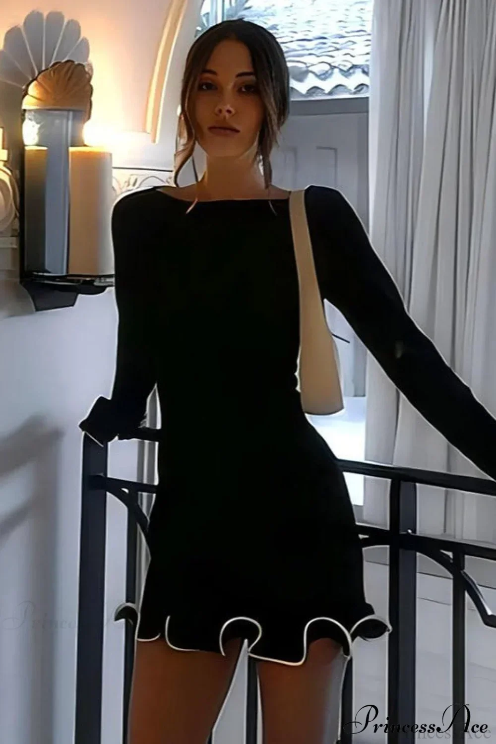 Knitted Ruffled Tight Long Sleeve Mini Dress - Image 5