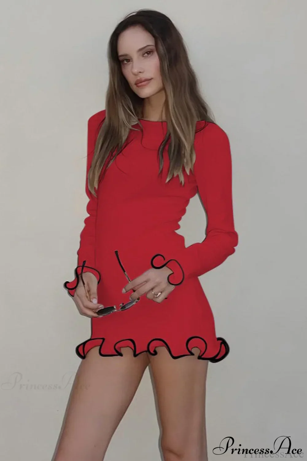 Knitted Ruffled Tight Long Sleeve Mini Dress - Image 7