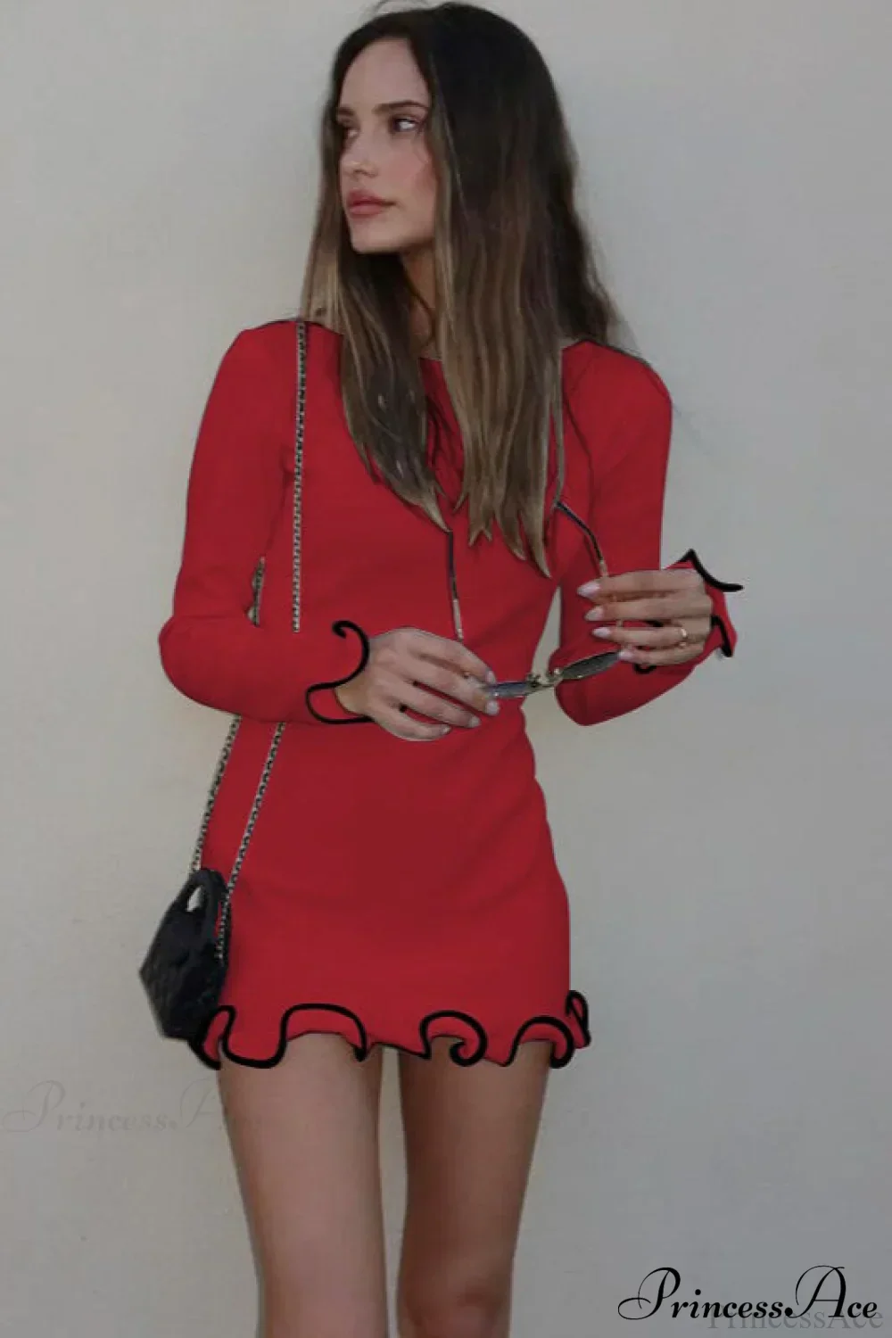 Knitted Ruffled Tight Long Sleeve Mini Dress - Image 8
