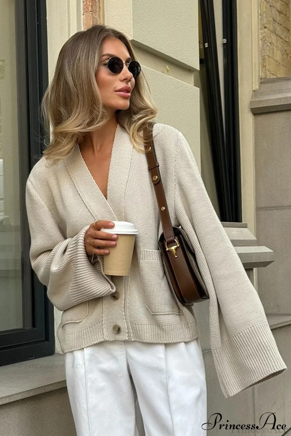 Knitted V Neck Loose Lazy Fit Cardigan - Image 7
