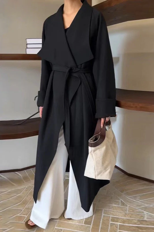 Korean Hepburn Lazy-Chic Belted Waist-Tie Long Overcoat - Image 2