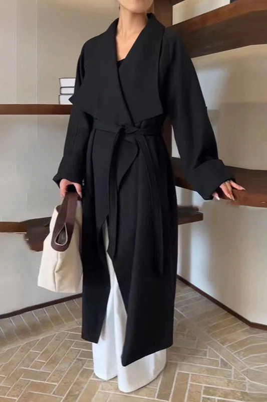 Korean Hepburn Lazy-Chic Belted Waist-Tie Long Overcoat - Image 3
