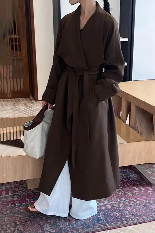 Korean Hepburn Lazy-Chic Belted Waist-Tie Long Overcoat - Image 4