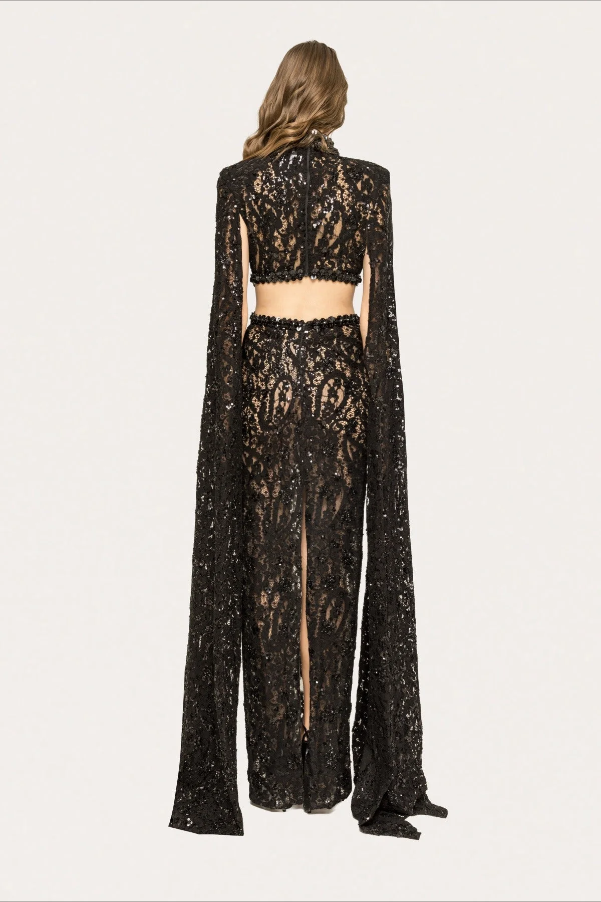 Lace Beaded Sequin Slim Cape Reception Dress - Image 10