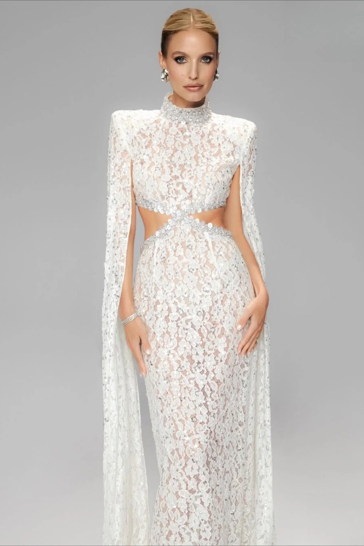 Lace Beaded Sequin Slim Cape Reception Dress - Image 2