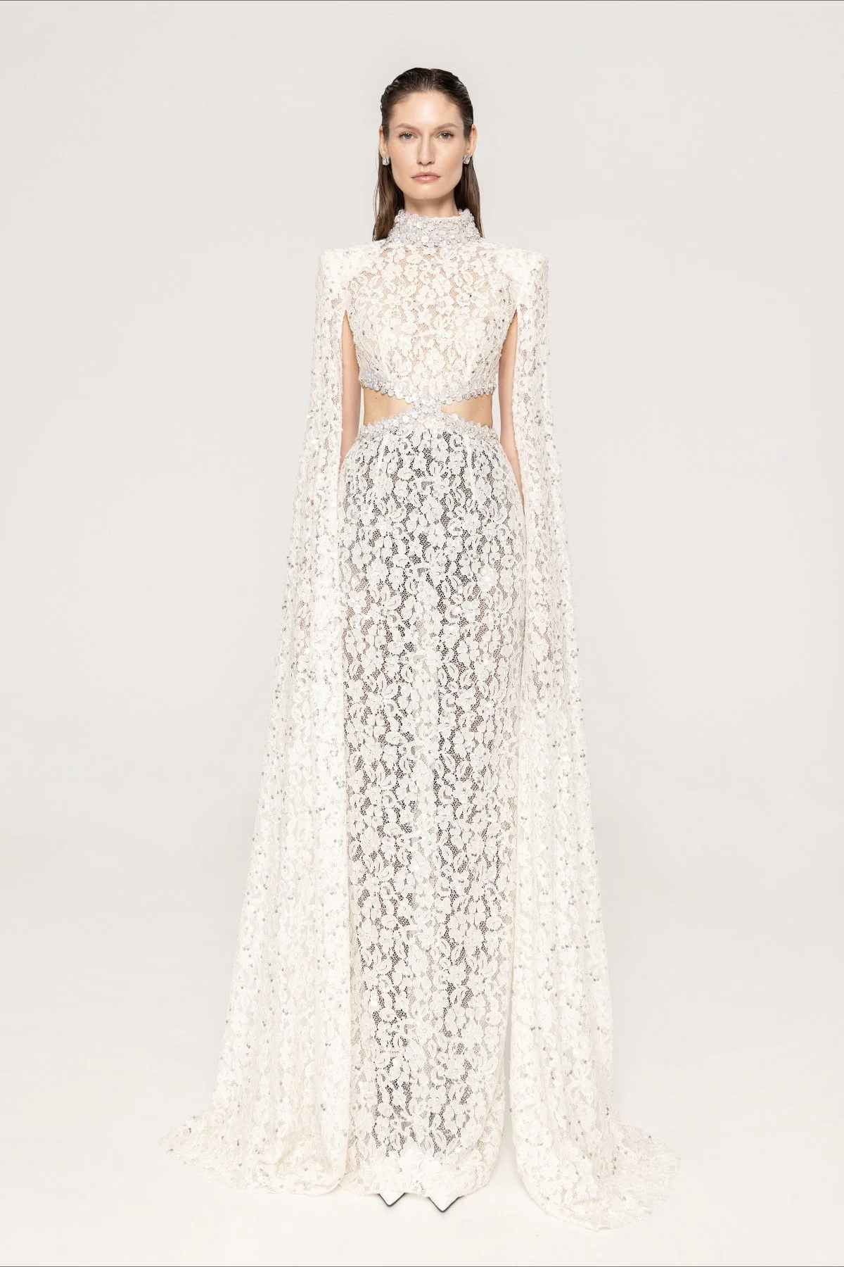 Lace Beaded Sequin Slim Cape Reception Dress - Image 3