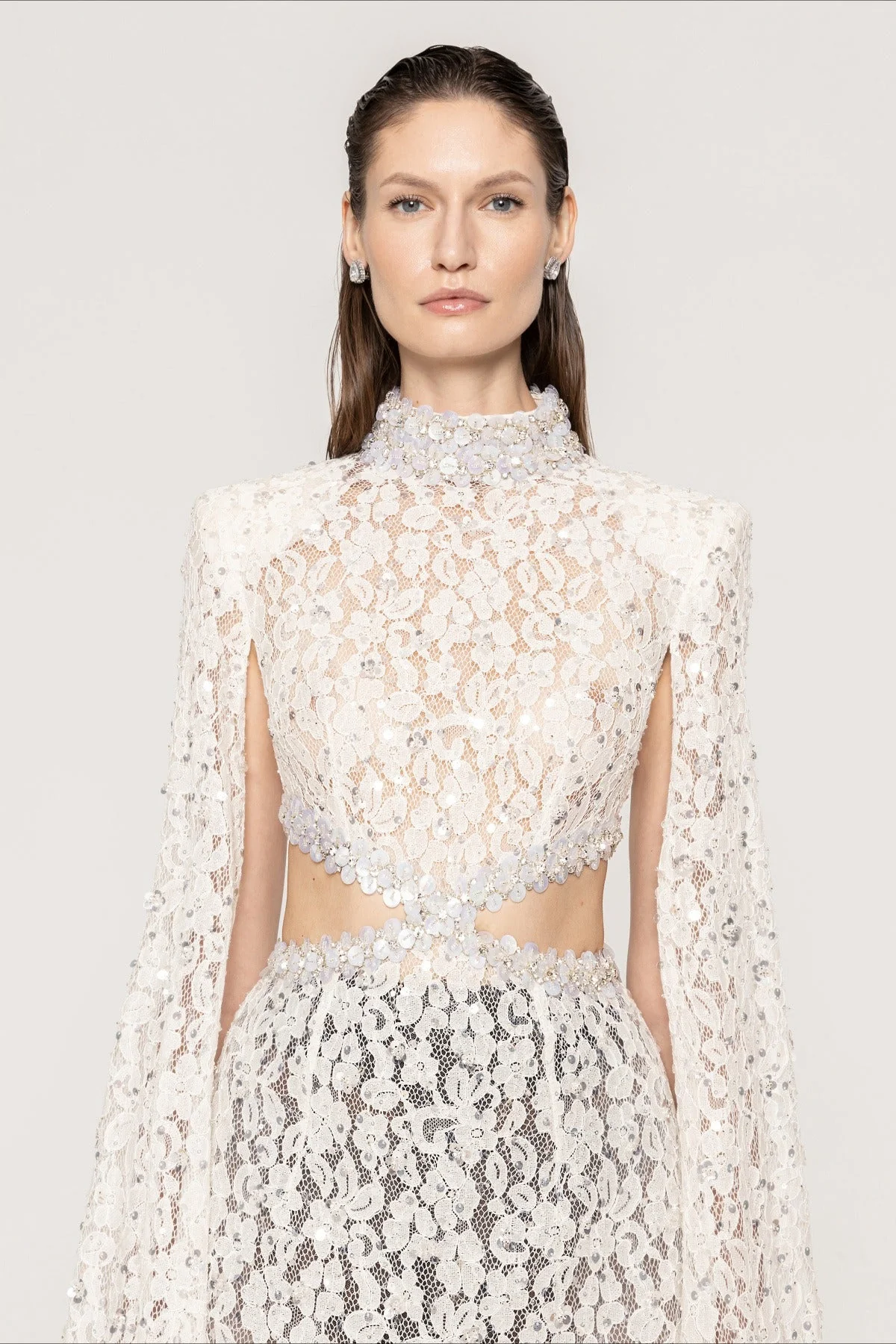 Lace Beaded Sequin Slim Cape Reception Dress - Image 4