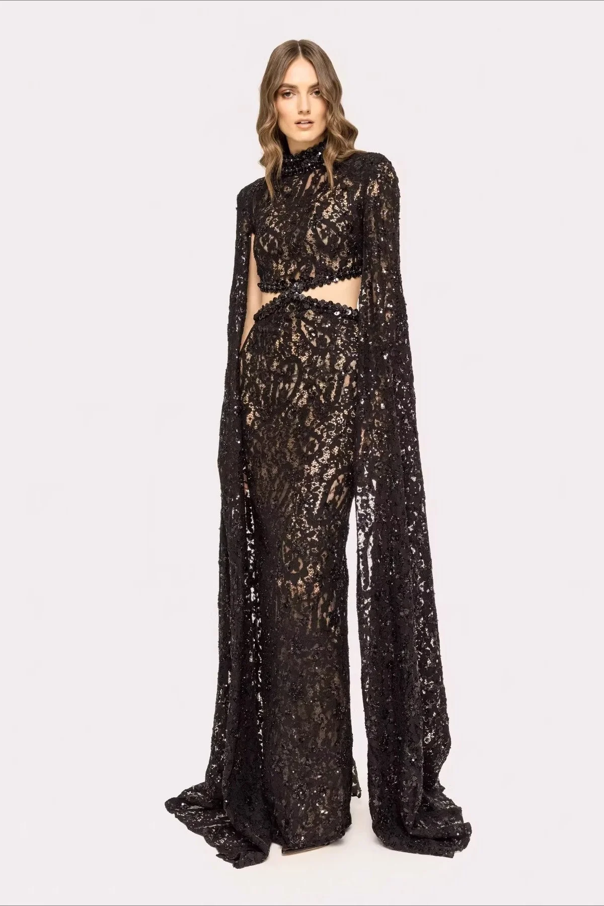 Lace Beaded Sequin Slim Cape Reception Dress - Image 6