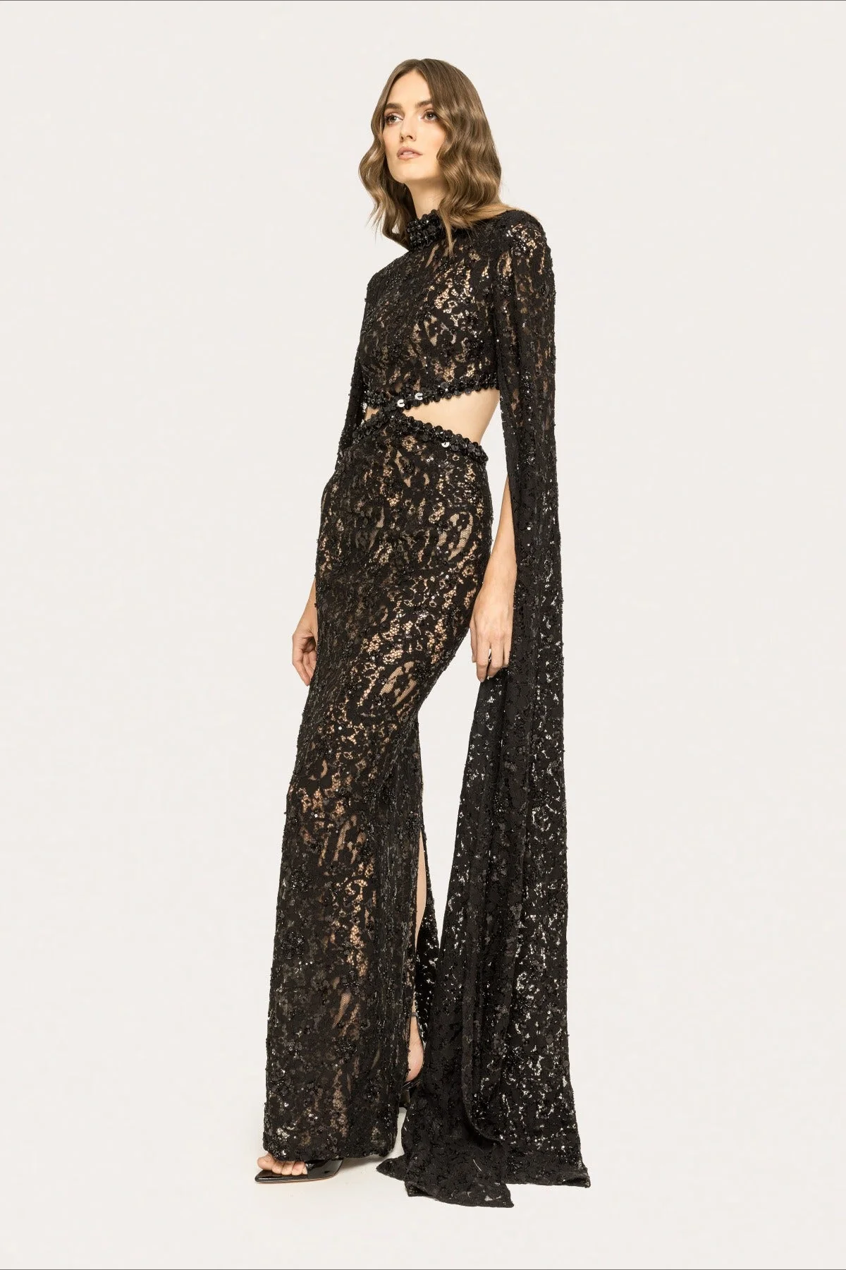 Lace Beaded Sequin Slim Cape Reception Dress - Image 7
