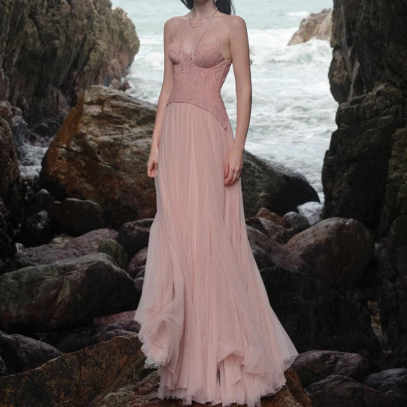 Lace Bone Tube Mesh Flared Prom Dress - Image 2
