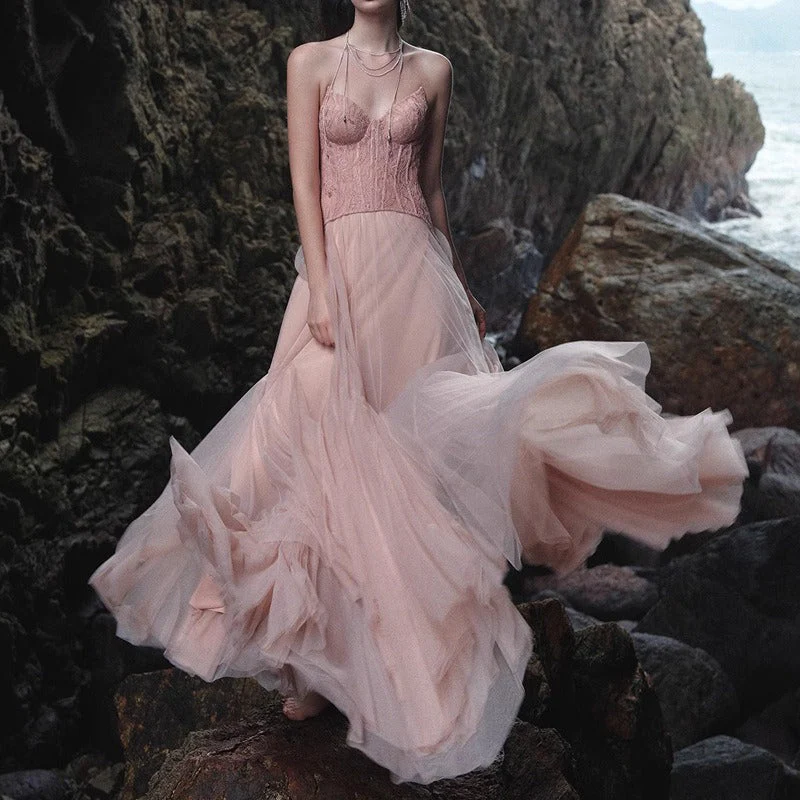 Lace Bone Tube Mesh Flared Prom Dress - Image 3