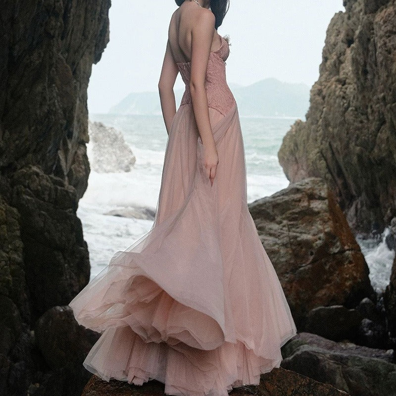 Lace Bone Tube Mesh Flared Prom Dress - Image 4