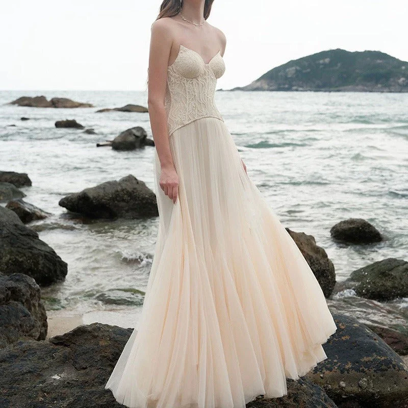 Lace Bone Tube Mesh Flared Prom Dress - Image 5