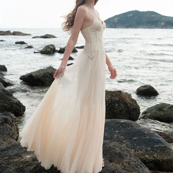 Lace Bone Tube Mesh Flared Prom Dress - Image 6