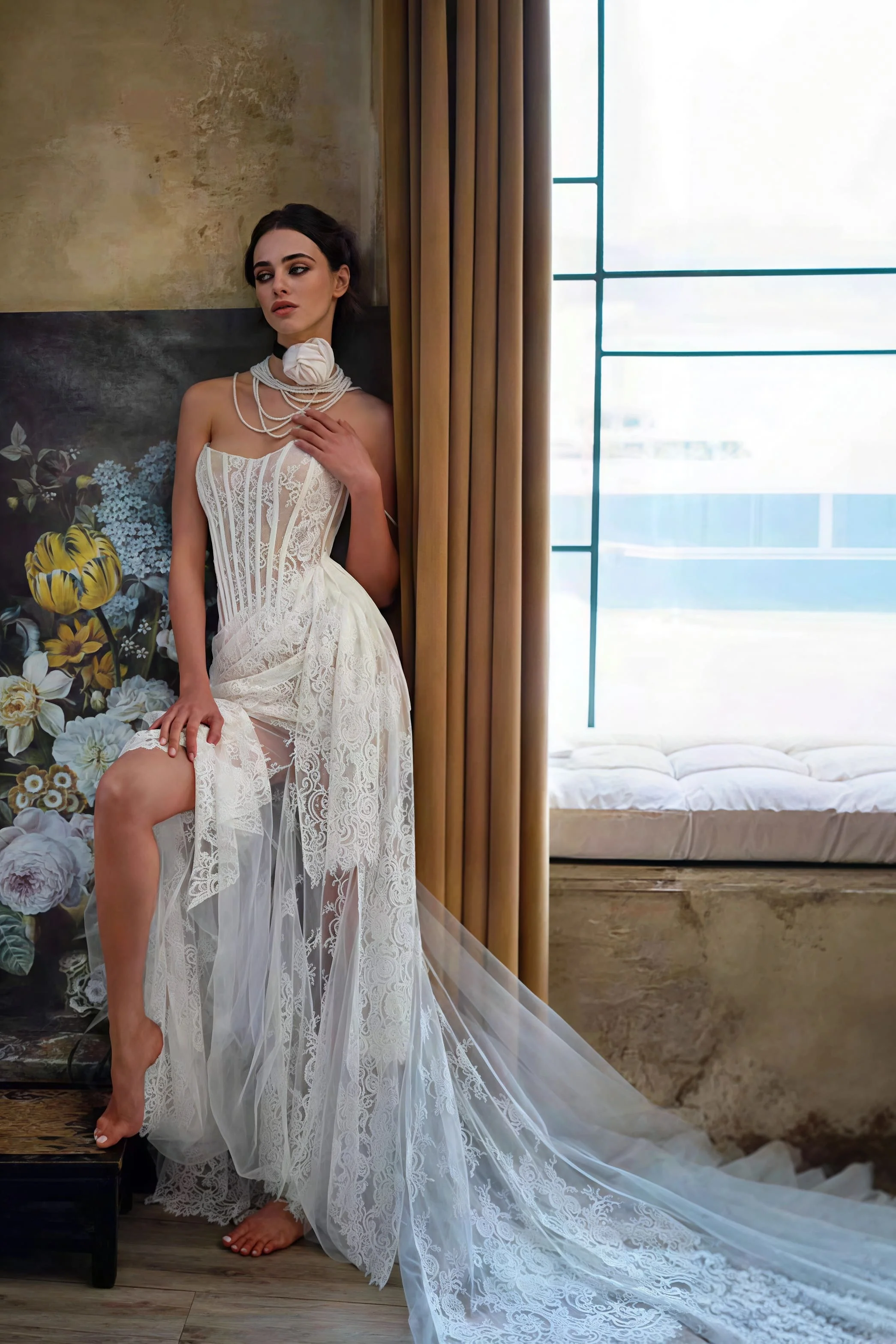 Lace Boned Bandeau High Slit Asymmetrical Reception Dress - Image 3