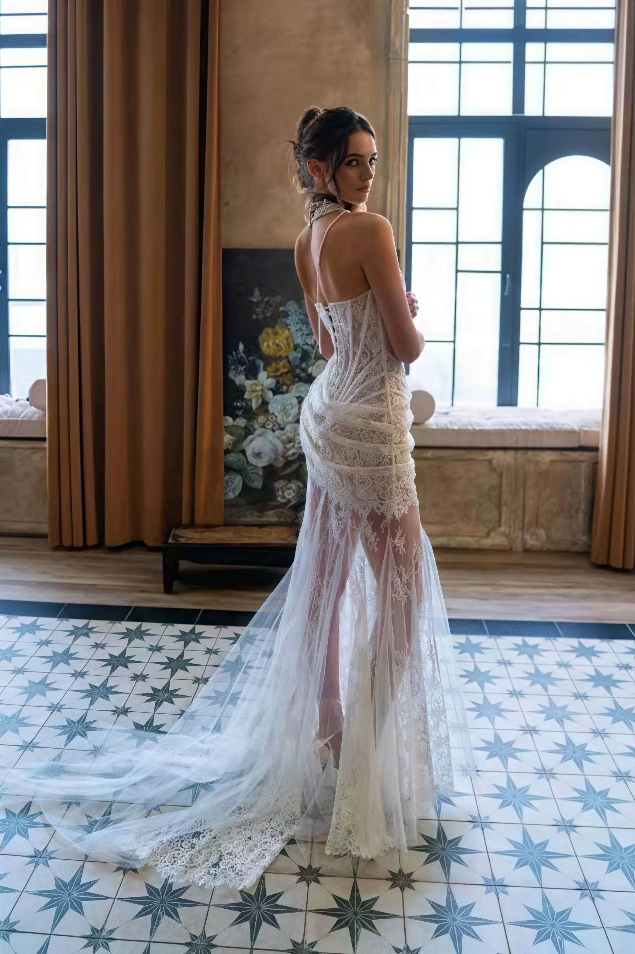 Lace Boned Bandeau High Slit Asymmetrical Reception Dress - Image 5