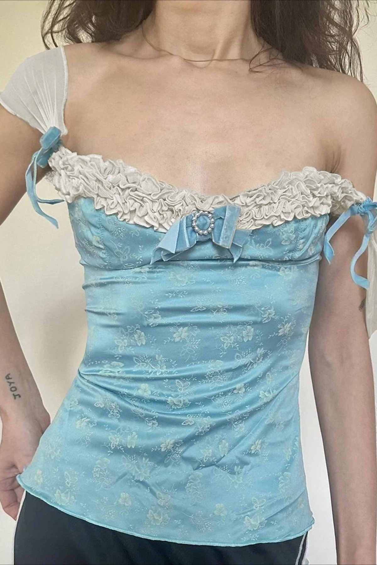 Lace Bow Floral Print Square Neck Fitted Tank Top - Image 5