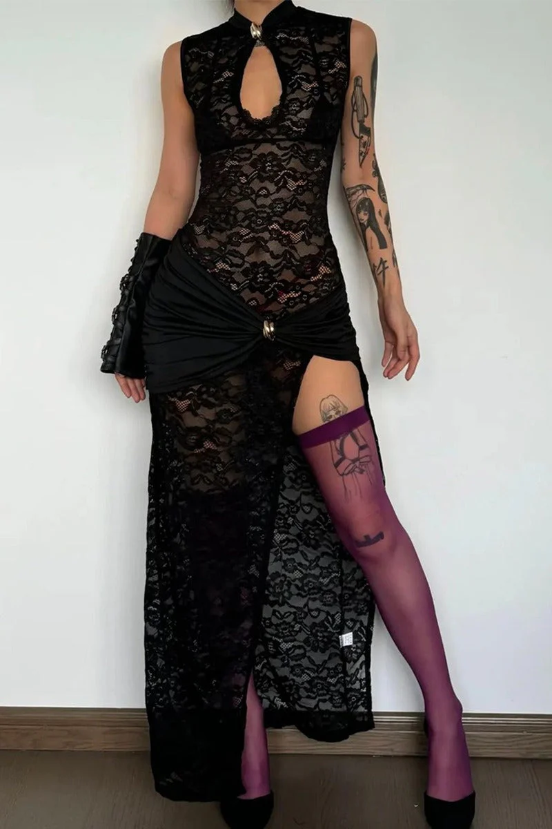 Lace Cutout Metal Buckle Patchwork High Slit Fitted Maxi Dress - Image 4