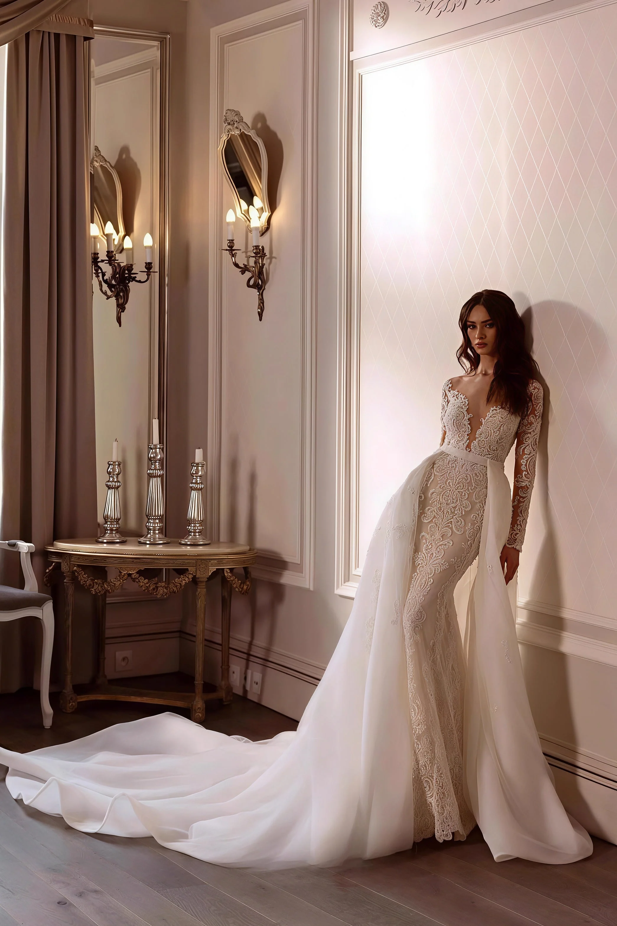 Lace Deep V Mermaid Detachable Train Wedding Dress - Image 4