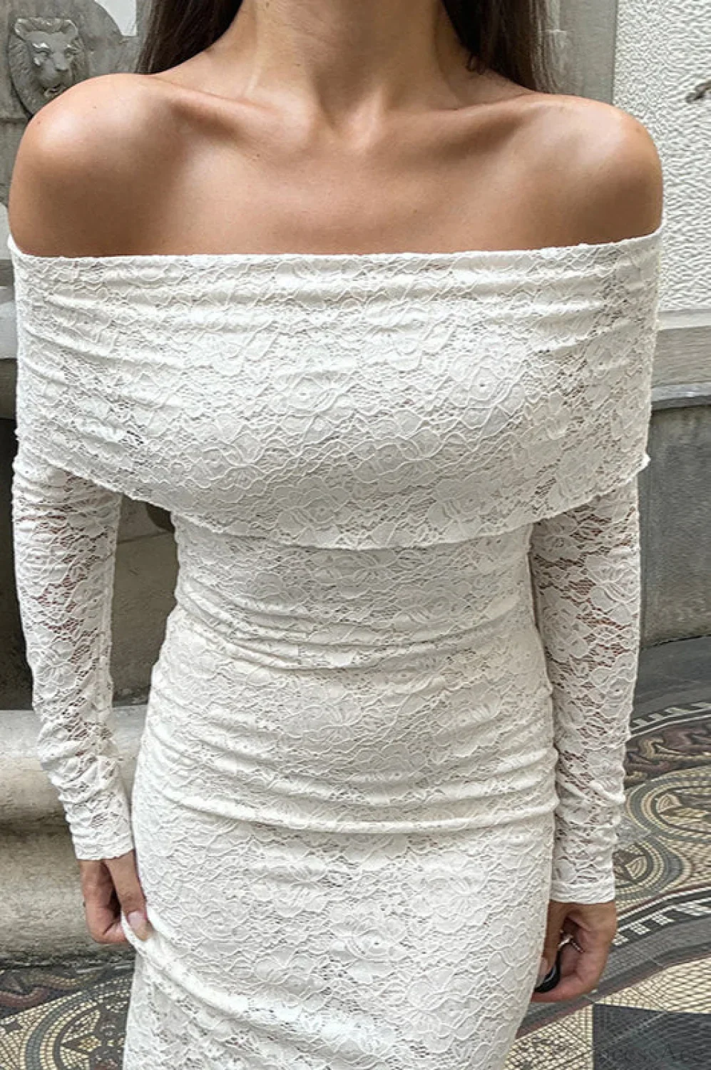 Lace Embroidered Off Shoulder Fitted Maxi Dress - Image 2