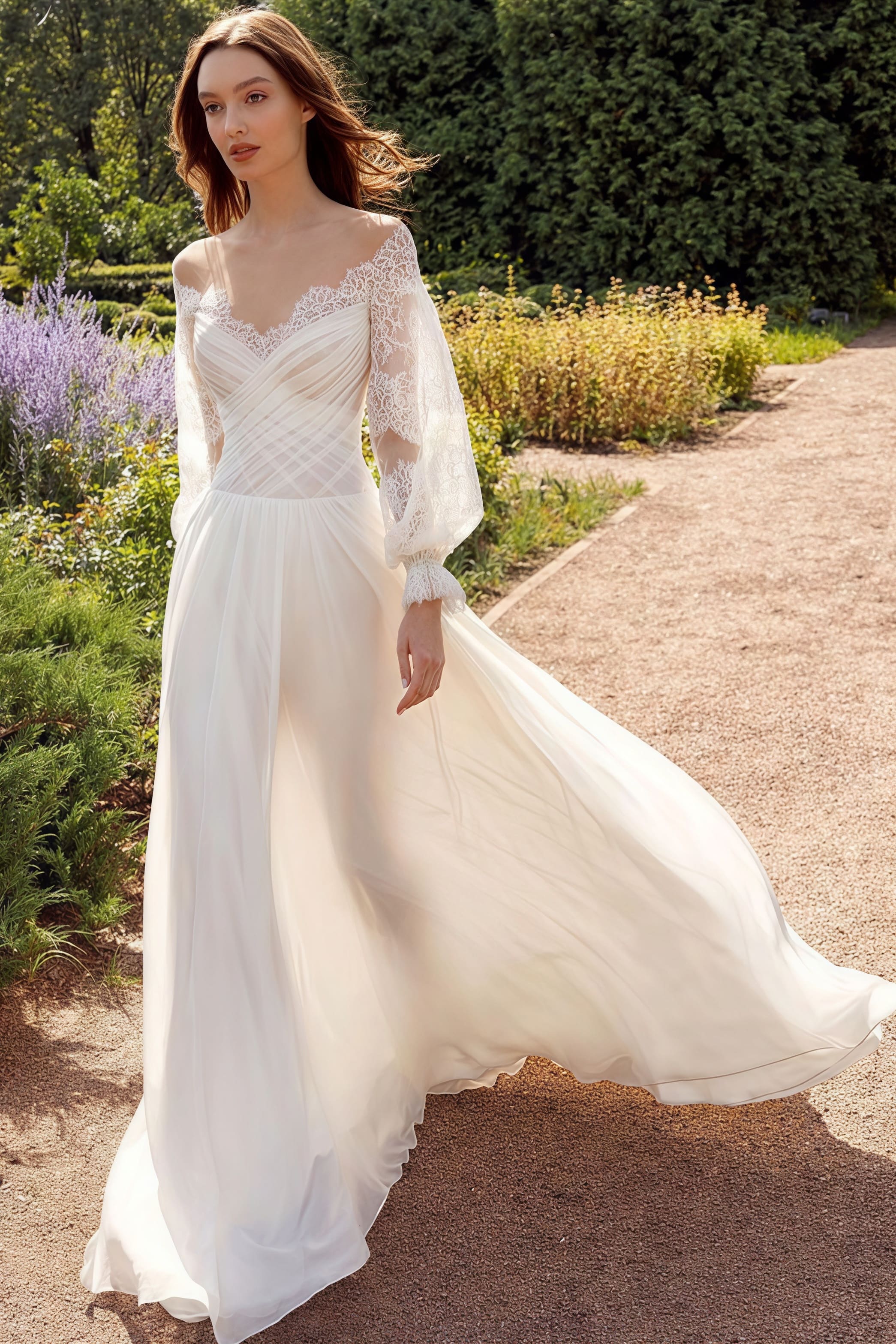 Lace Flowy High Slit Minimalist Reception Dress - Image 2