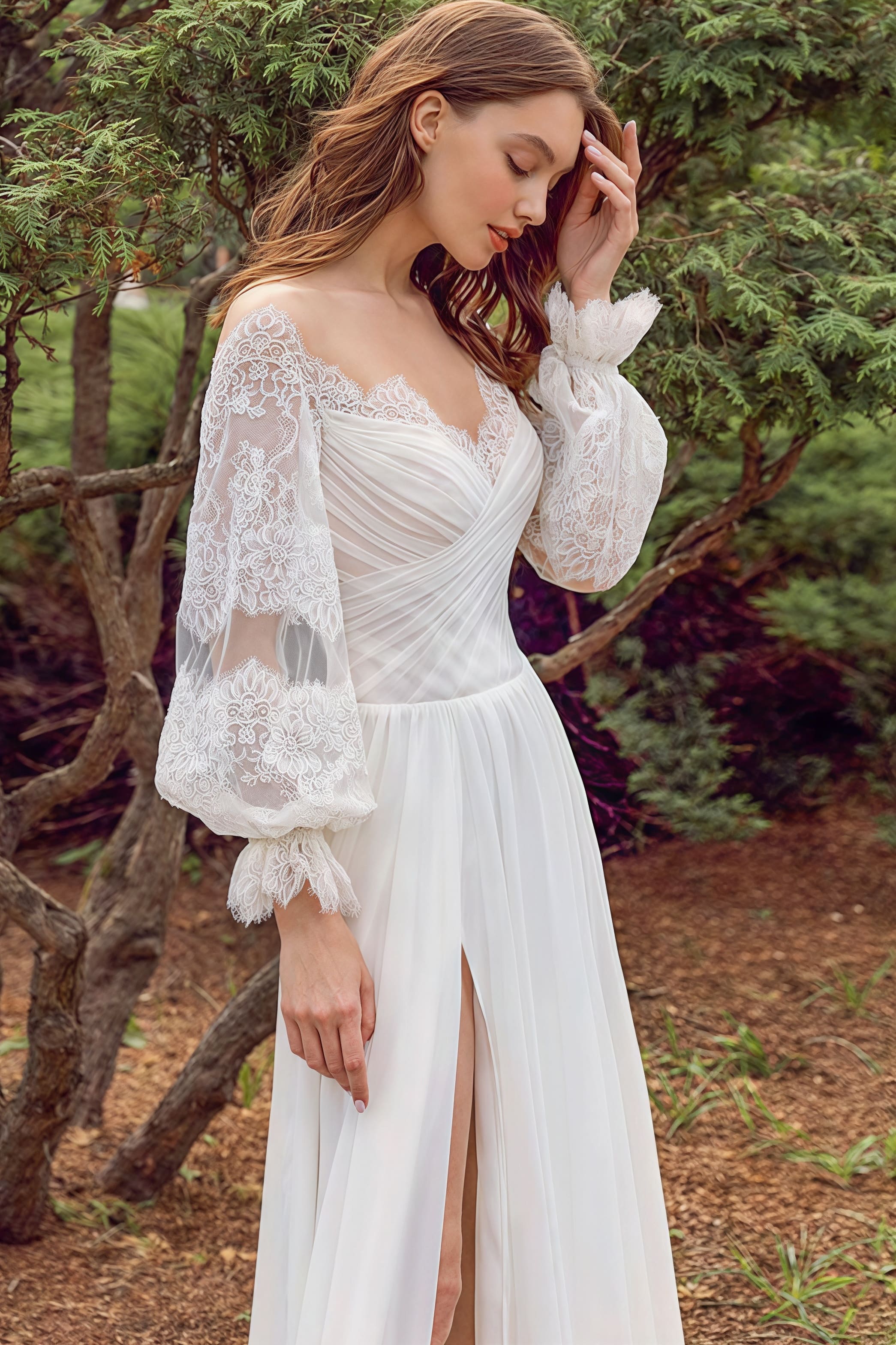 Lace Flowy High Slit Minimalist Reception Dress - Image 3