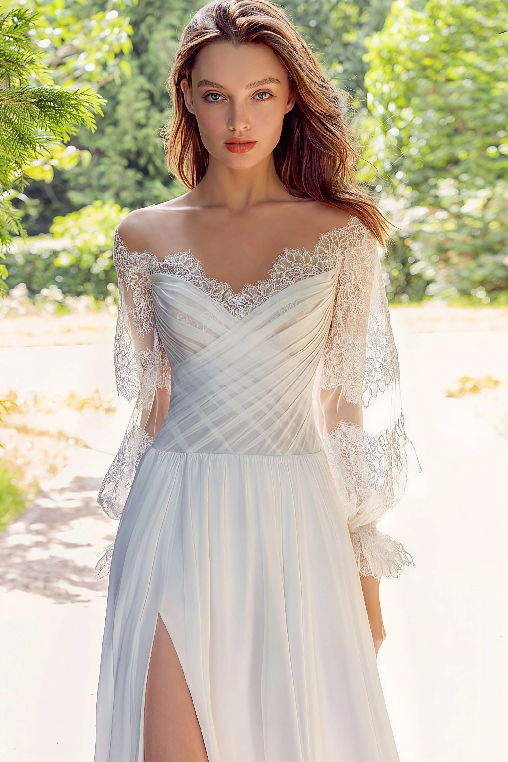 Lace Flowy High Slit Minimalist Reception Dress - Image 4