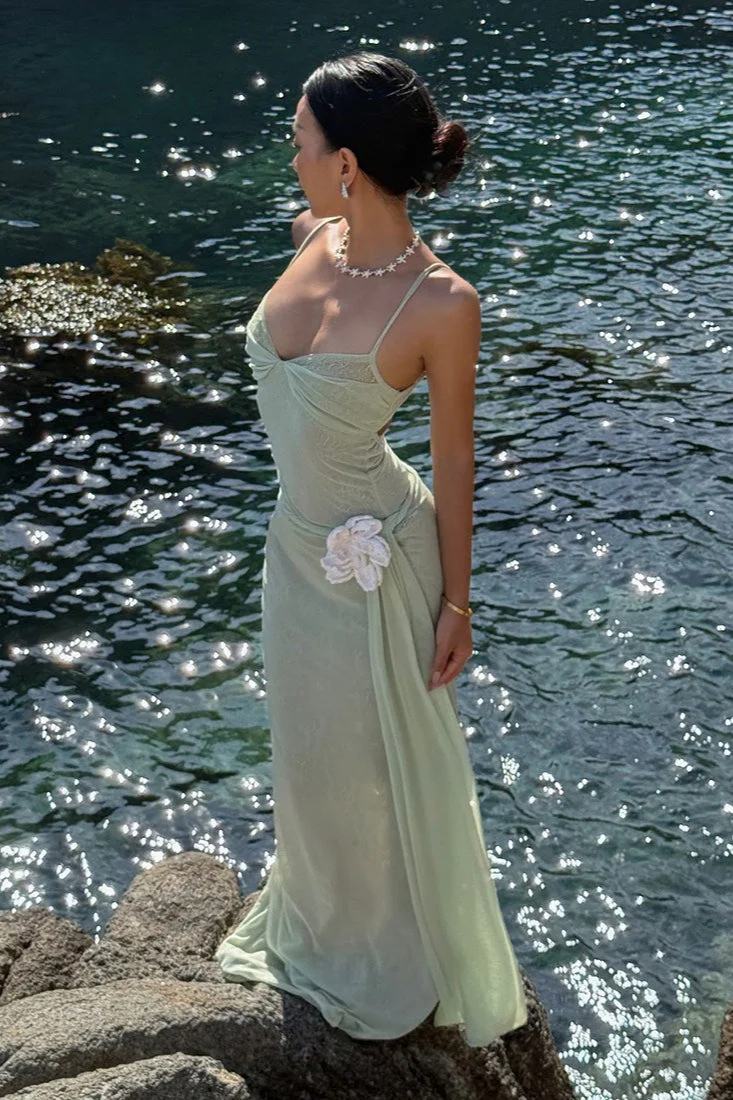 Lace Mesh 3D Floral Waist Cinched Cami Maxi Dress - Image 4