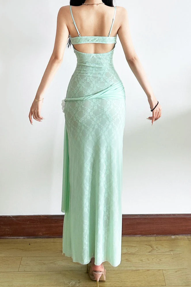 Lace Mesh 3D Floral Waist Cinched Cami Maxi Dress - Image 9