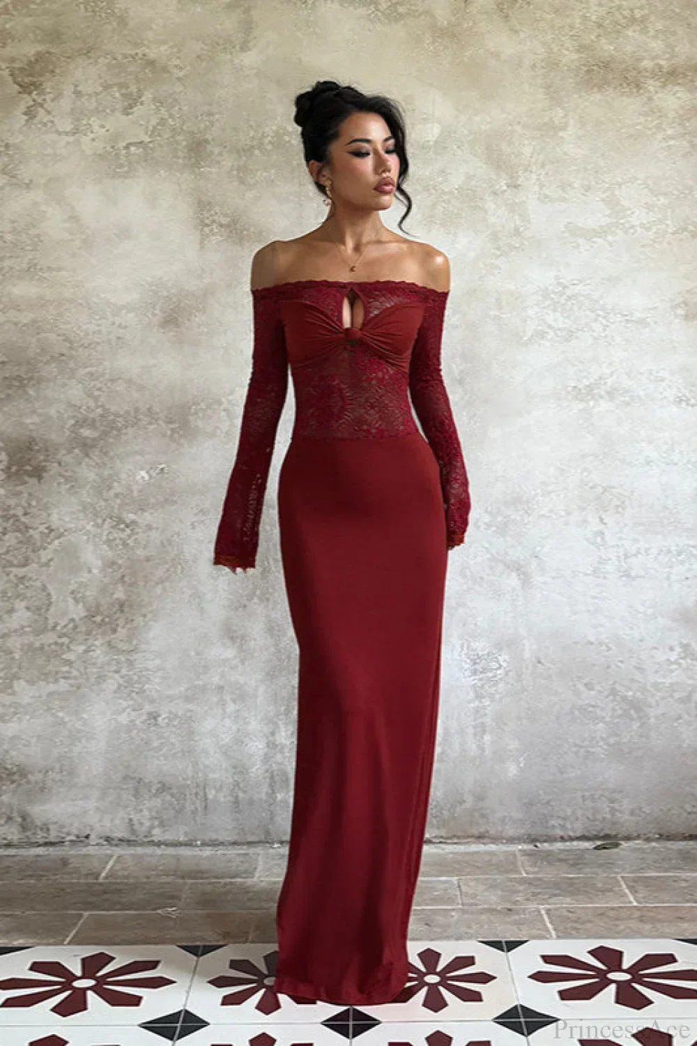 Lace Off Shoulder Elegant Bodycon Maxi Dress - Image 2