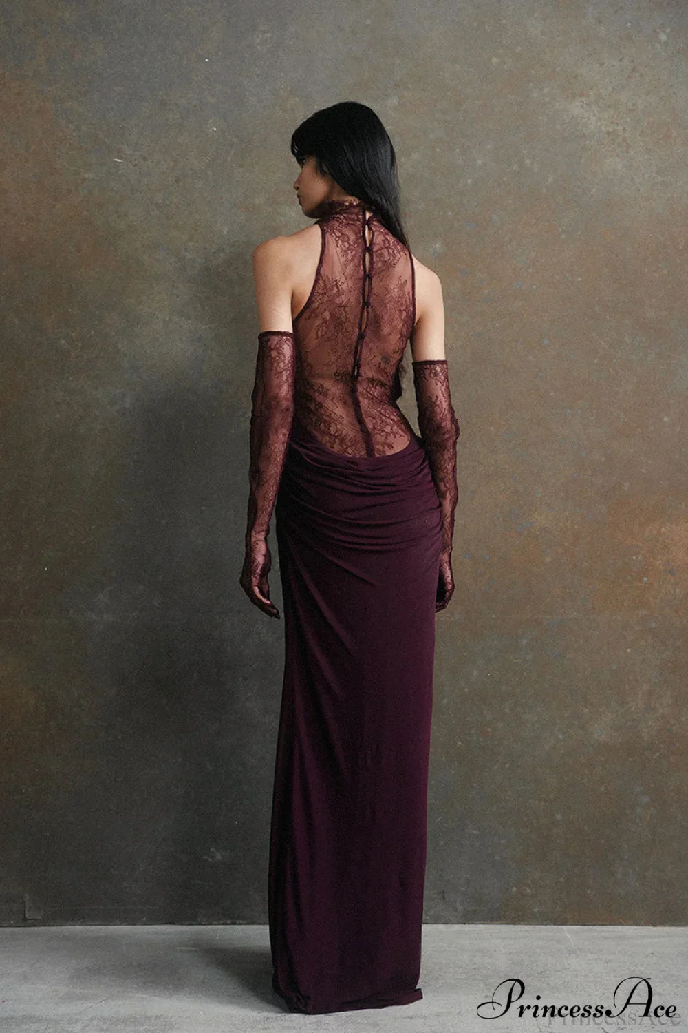 Lace Panel Halterneck Deep V Ruched Party Dress - Image 2