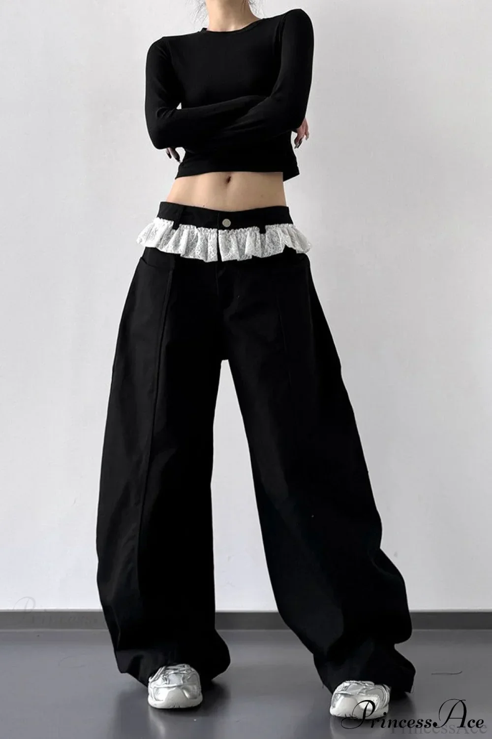 Lace Panel High Waist Wide Leg Jeans - Image 5