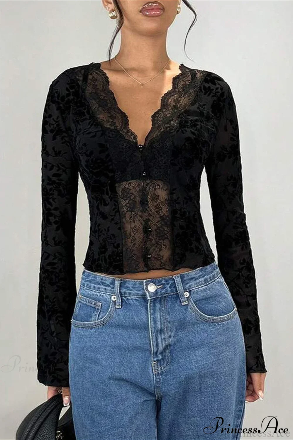 Lace Panel Leopard Slim Flared Sleeve Long Sleeve Tee - Image 4