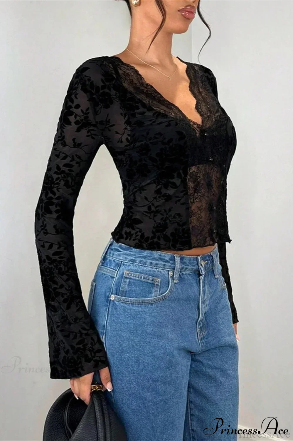 Lace Panel Leopard Slim Flared Sleeve Long Sleeve Tee - Image 5