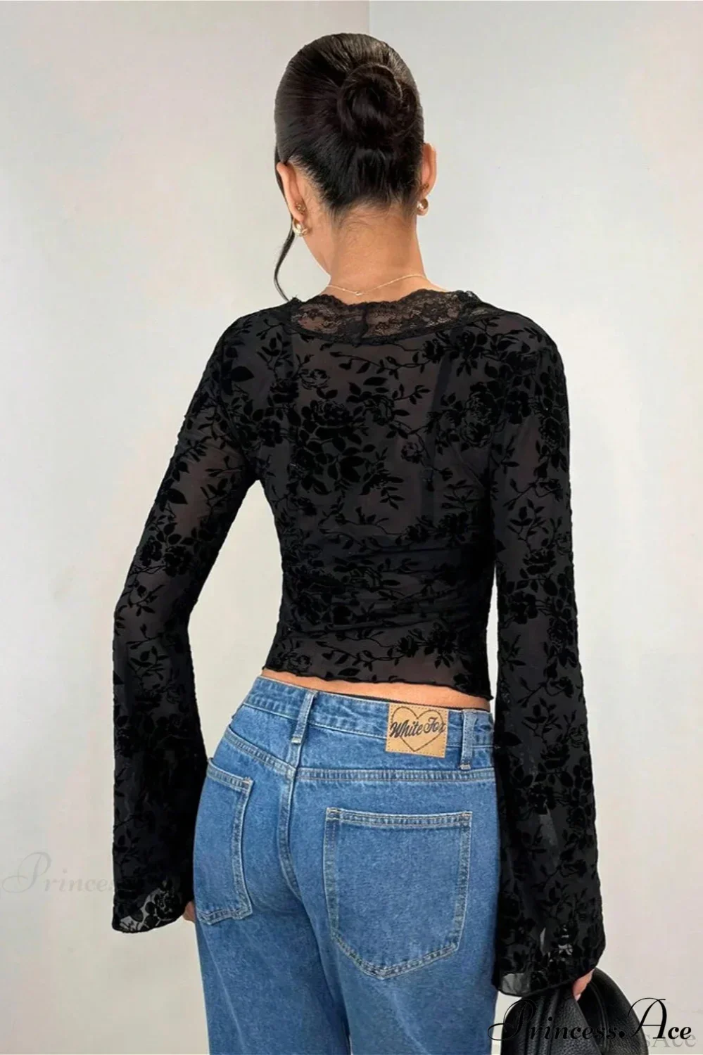 Lace Panel Leopard Slim Flared Sleeve Long Sleeve Tee - Image 6