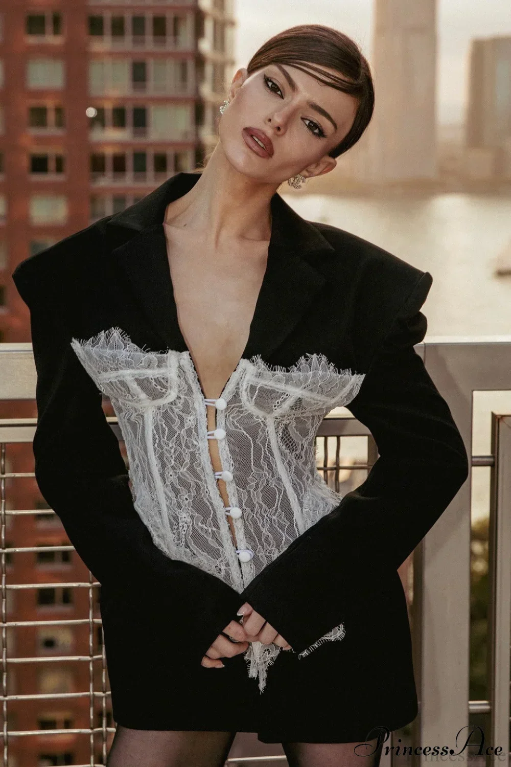 Lace Panel Sexy Fitted Shoulder Blazer - Image 2
