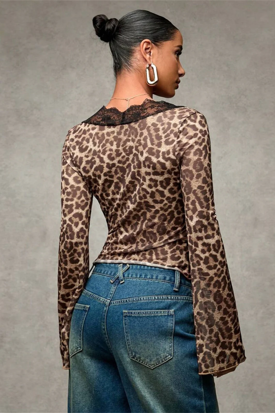 Lace Paneled Leopard Print Ruffled Cardigan Blouse - Image 2