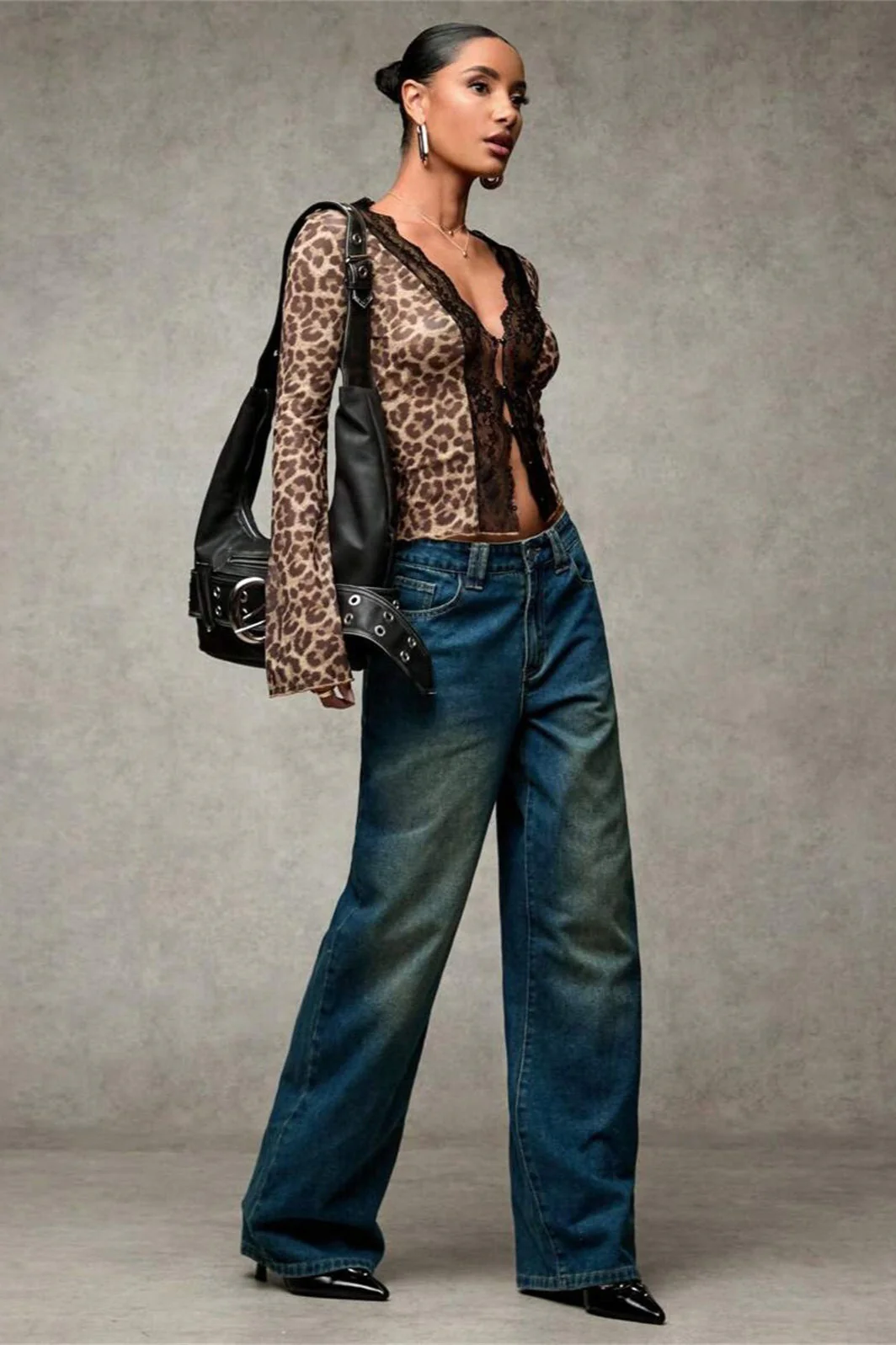 Lace Paneled Leopard Print Ruffled Cardigan Blouse - Image 3