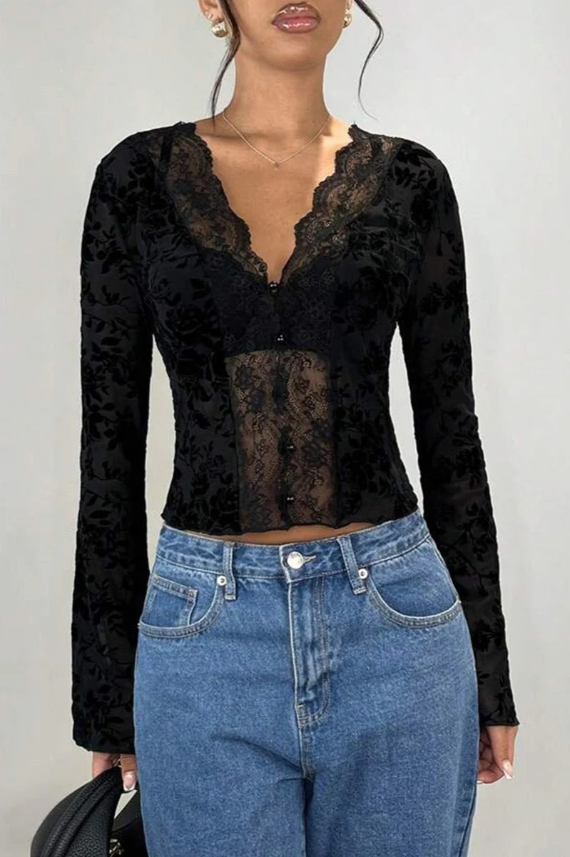 Lace Paneled Leopard Print Ruffled Cardigan Blouse - Image 4