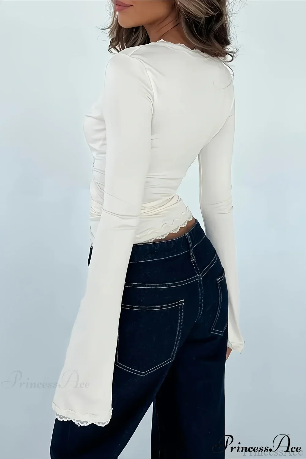 Lace Paneled V-Neck Tie-Waist Long-Sleeve Slim Knit Top - Image 8