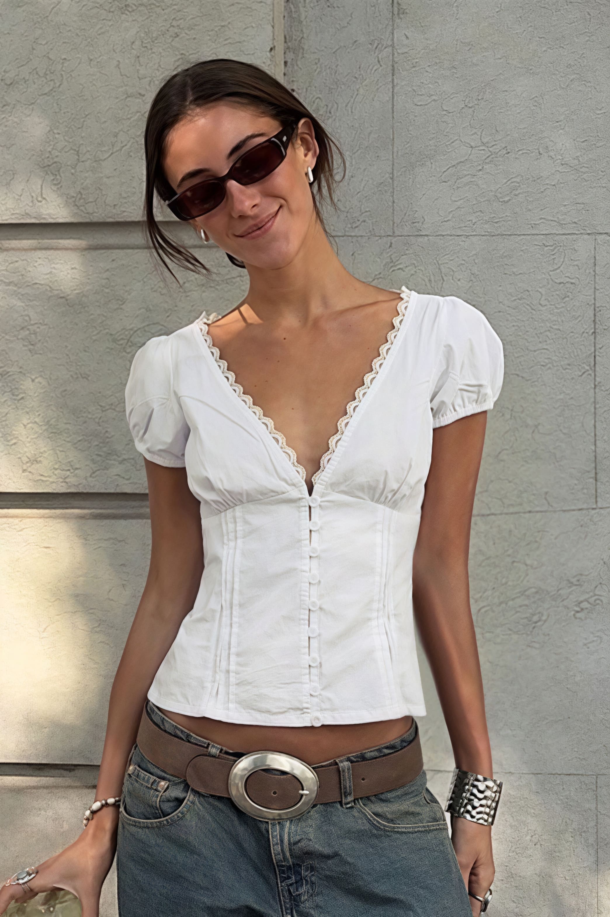 Lace Patchwork V Neck Puff Sleeve Blouse - Image 2