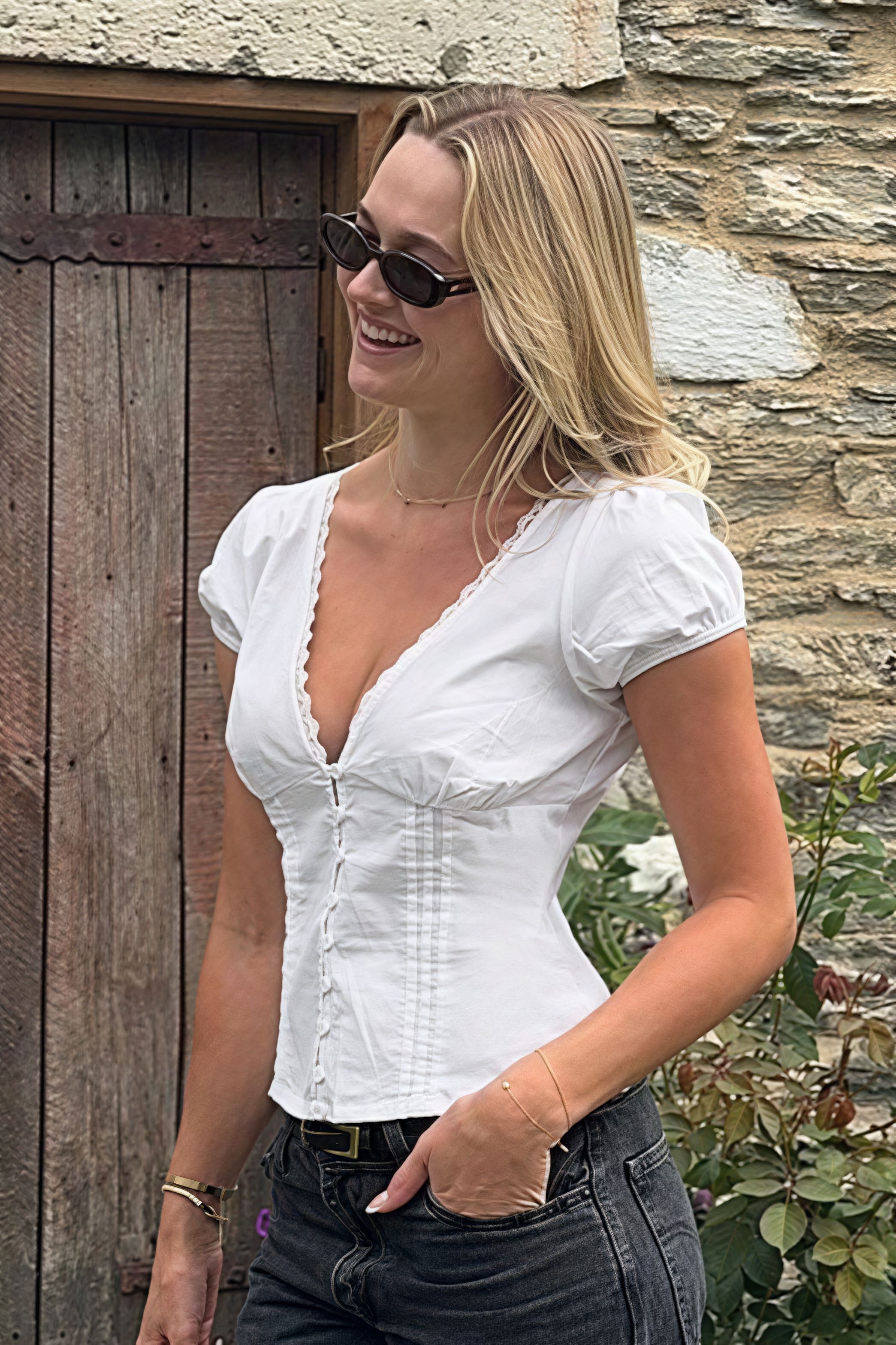 Lace Patchwork V Neck Puff Sleeve Blouse - Image 3