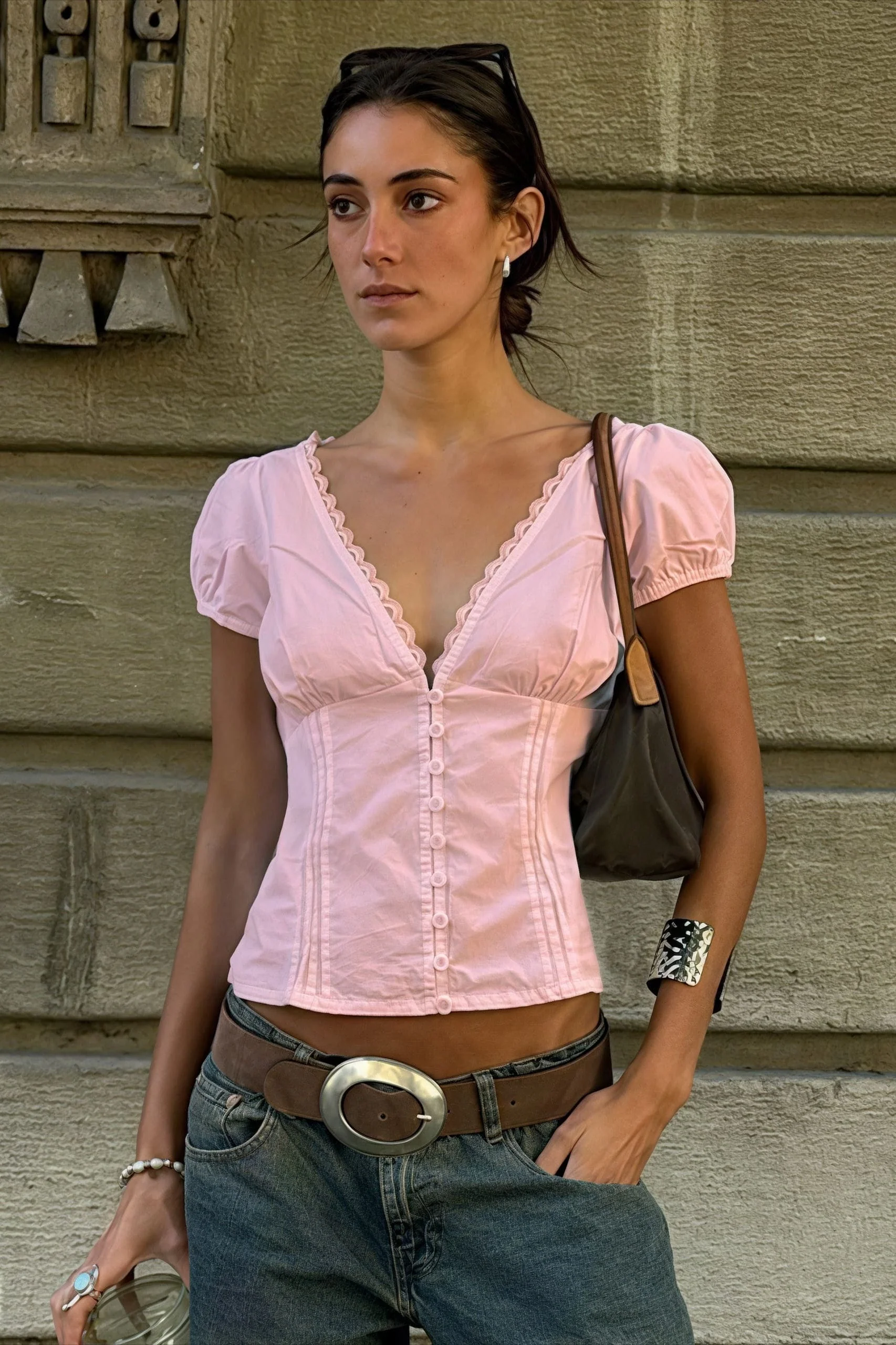 Lace Patchwork V Neck Puff Sleeve Blouse - Image 6