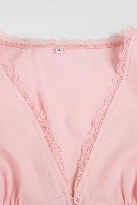 Lace Patchwork V Neck Puff Sleeve Blouse - Image 9