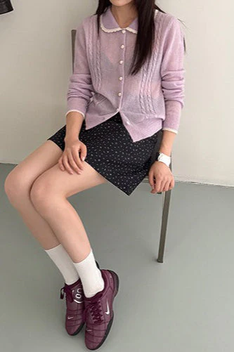 Lace Peter Pan Collar Lightweight Wool Knit Cardigan - Image 2