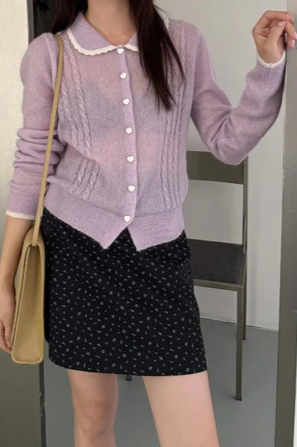 Lace Peter Pan Collar Lightweight Wool Knit Cardigan - Image 3