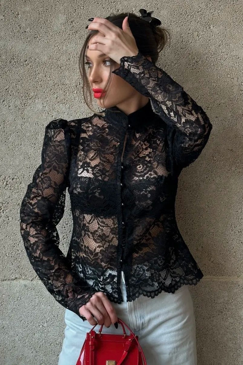 Lace Puff Sleeve Stand Collar Elegant Blouse - Image 2