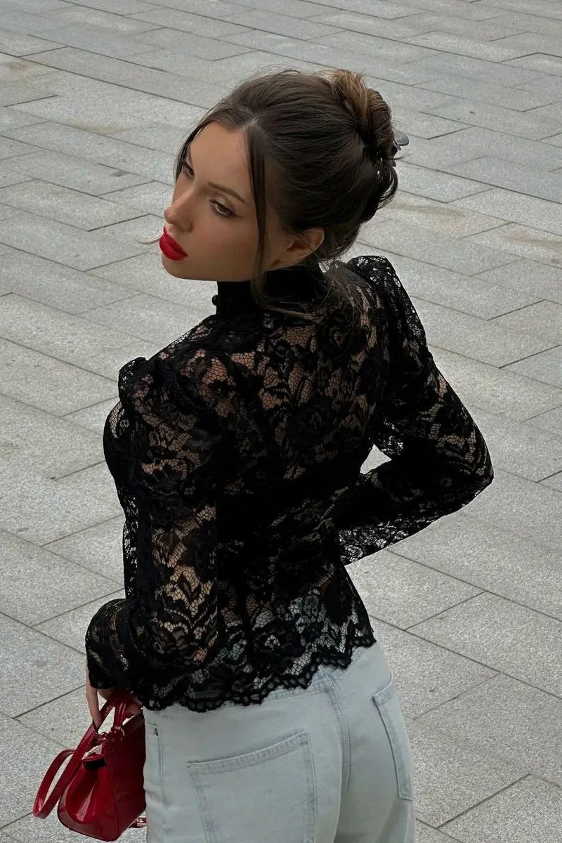 Lace Puff Sleeve Stand Collar Elegant Blouse - Image 4
