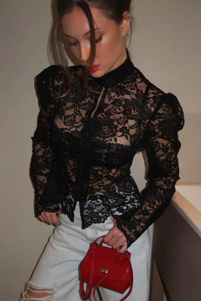 Lace Puff Sleeve Stand Collar Elegant Blouse - Image 5